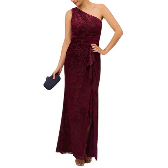 ADRIANNA PAPELL Burgundy One Shoulder Velvet Burnout Gown - Picture 3 of 11